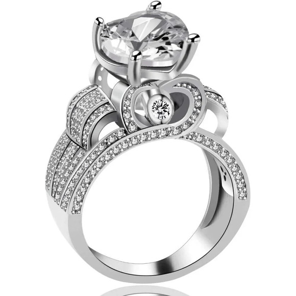 Platinum Plated Big Love Heart  Cubic Zirconia Wide Cluster Architecture Rings - Picture 3 of 7